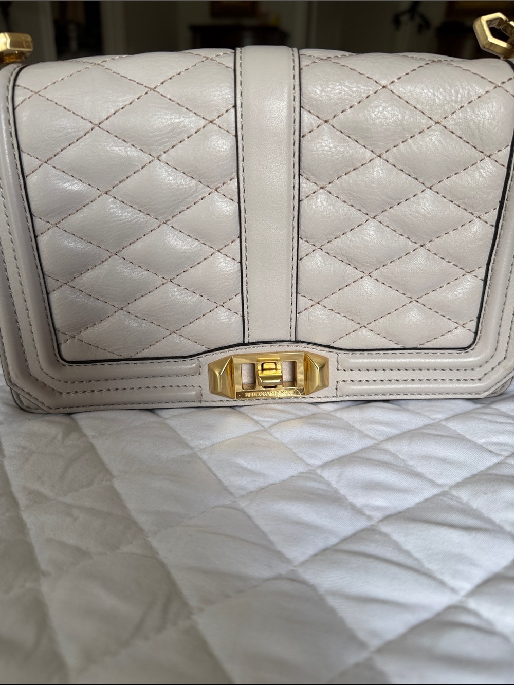 Designer Quilted Cream Leather Shoulder Bag with Gold Hardware